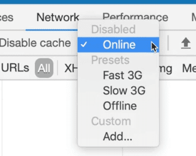 dev tools showing network mode options