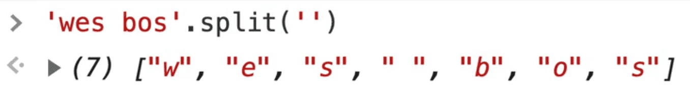 browser console showing string ran with .split() method