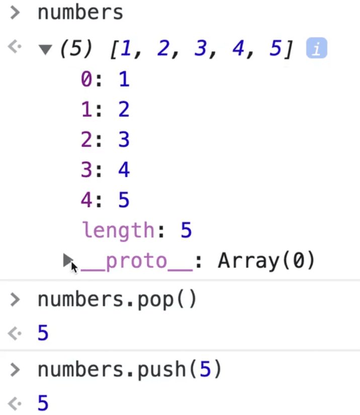 brower console showing numbers array demoing .push() and .pop() method