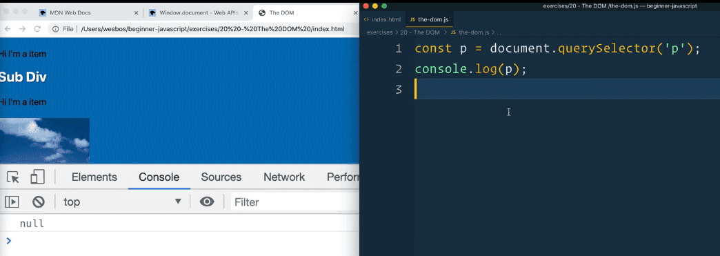 browser console showing output of null