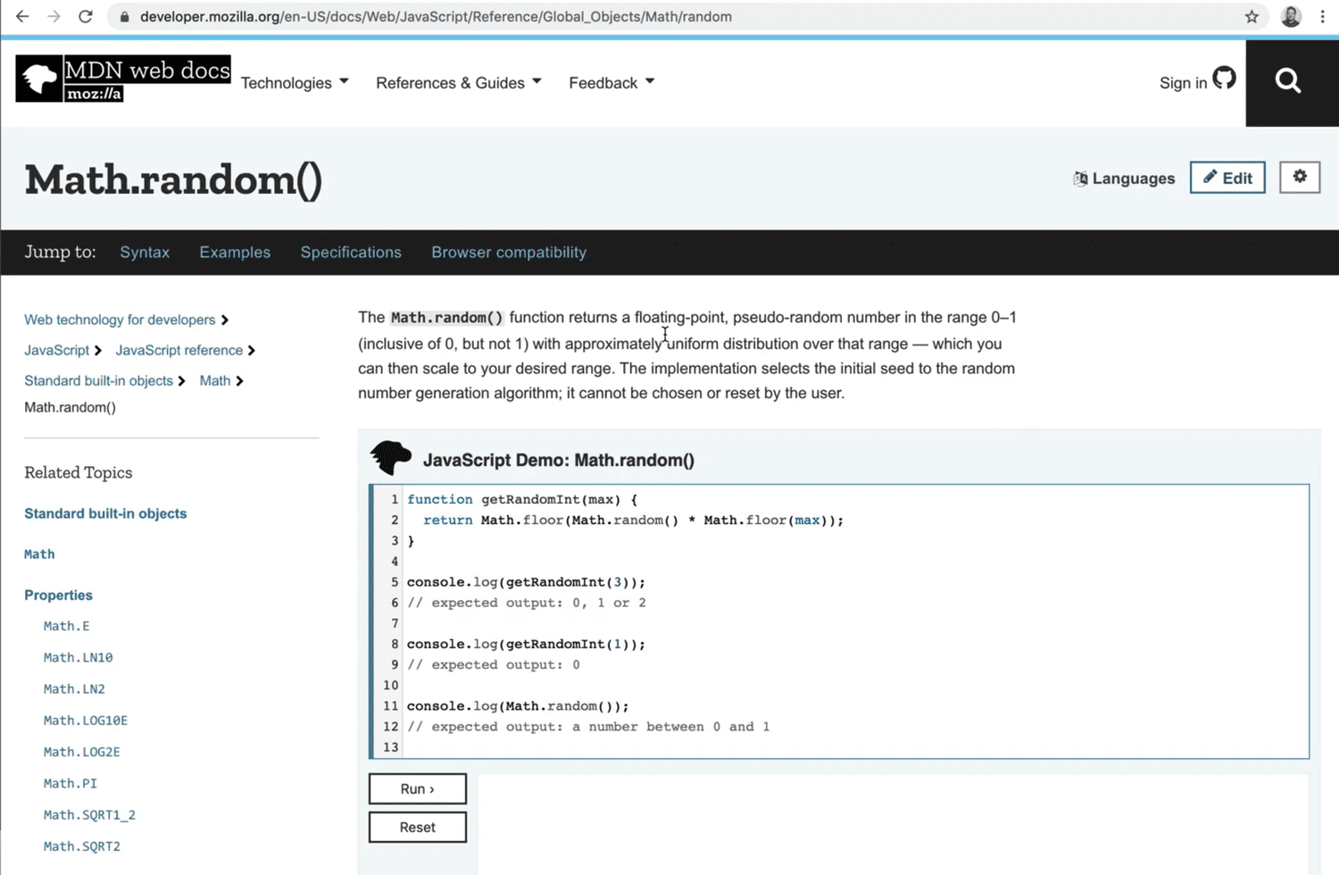 screenshot of MDN documentation for Math.random