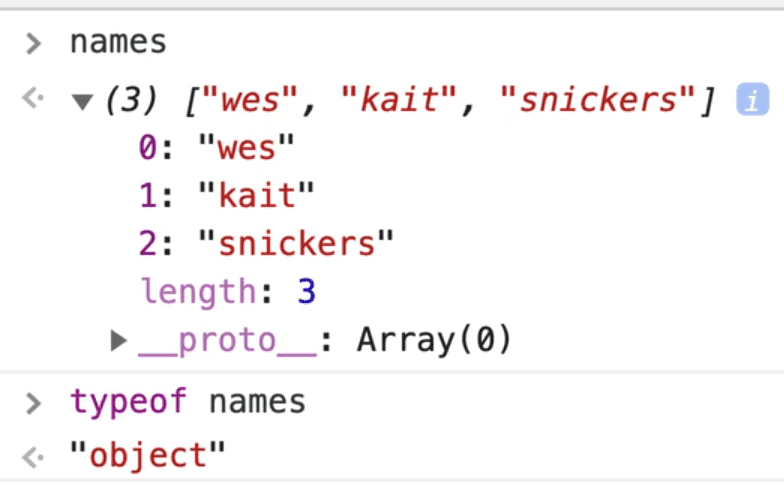 browser console output showing typeof names array as object