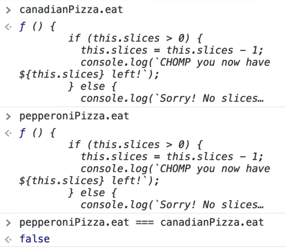comparing pepperoniPizza's eat method and canadianPizza's eat method