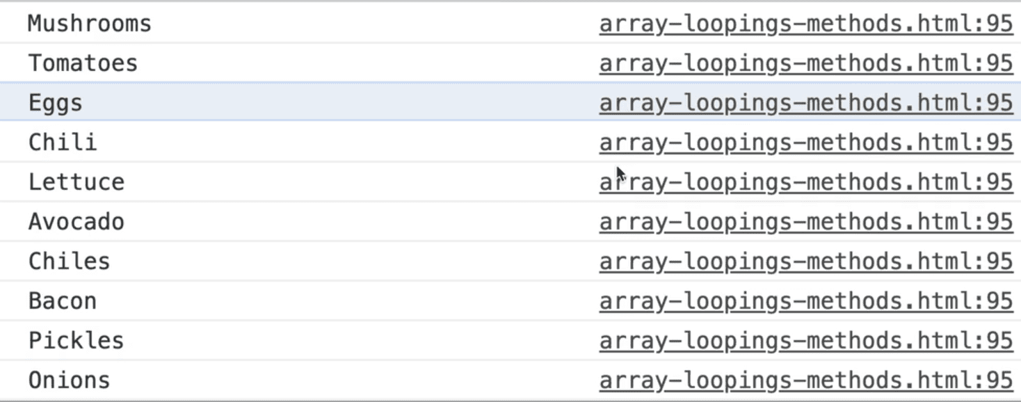 array forEach output in console