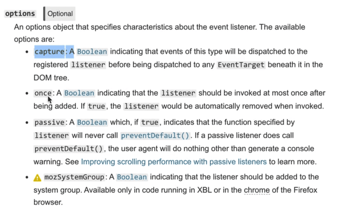 different parameter options you can pass to .addEventListener