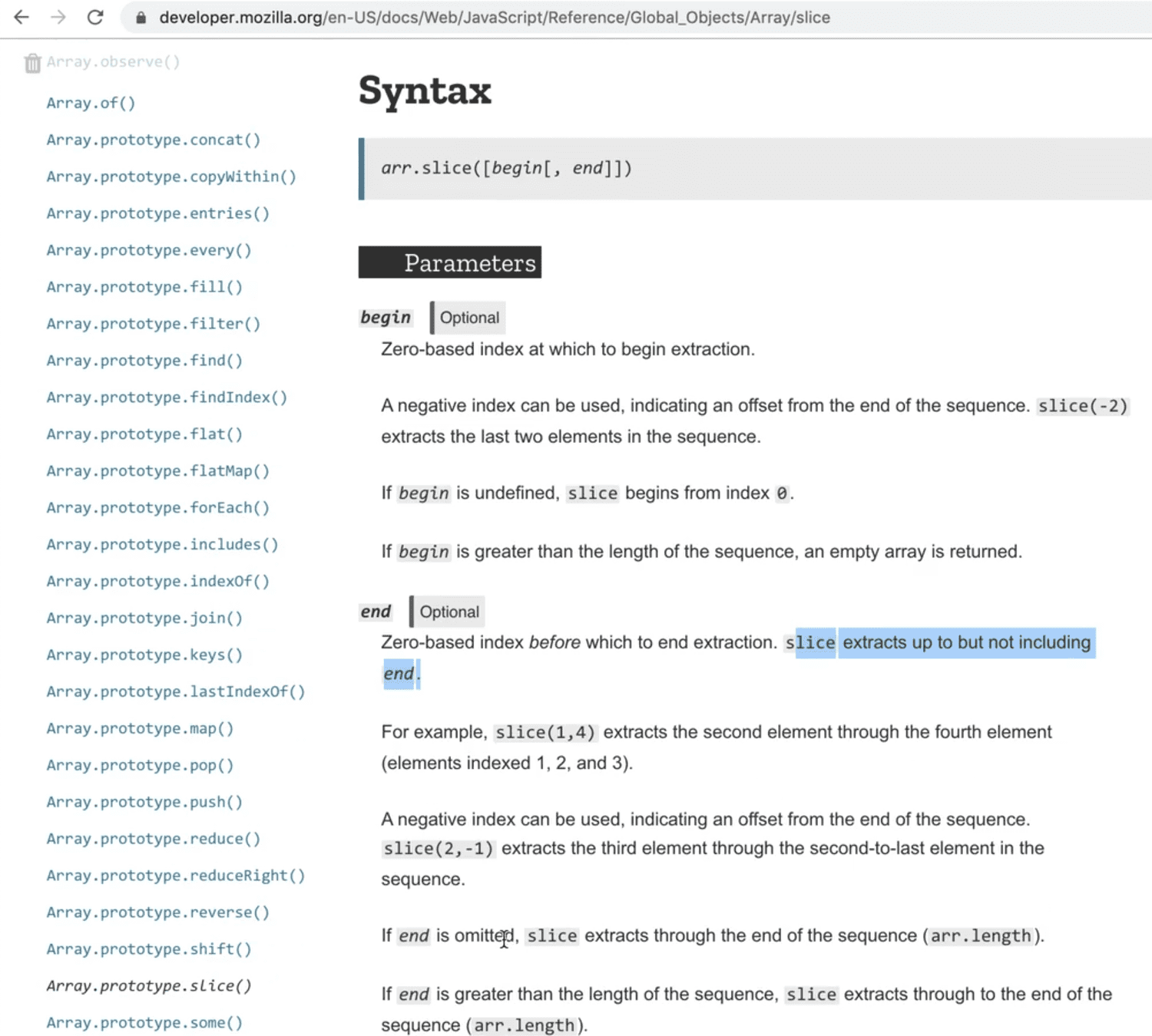 MDN Documentation on Array slice method page