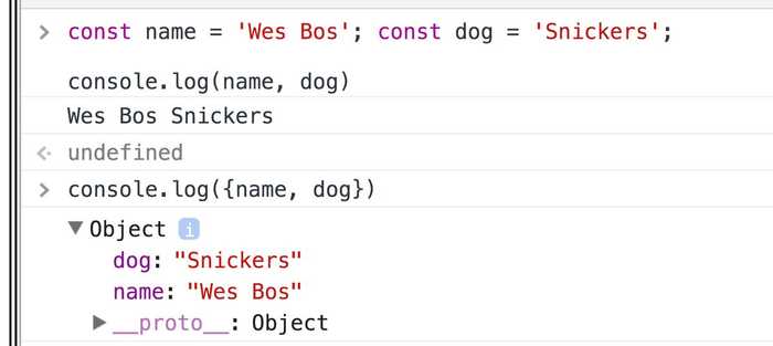 🔥 Need to know the name of a variable when logging it? You can use ES6 object shorthand to display them
