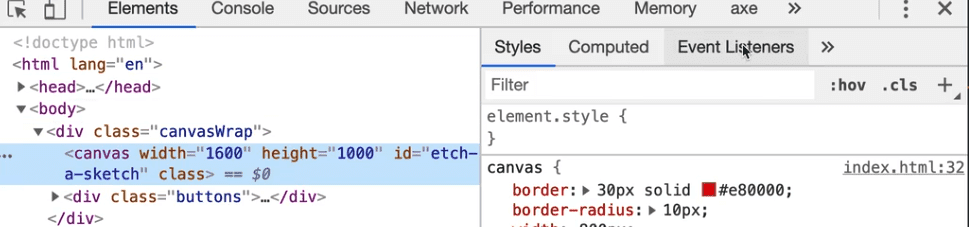 inspecting canvas element in dev tools
