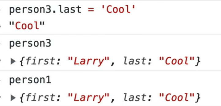 browser console output showing updated person3.last object to Cool is reflective on  person1.object