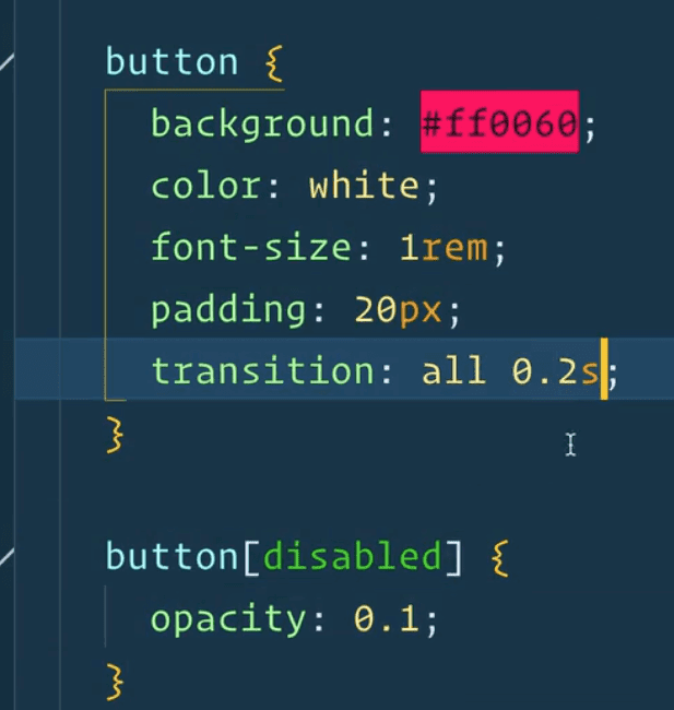 editor showing CSS code for button element