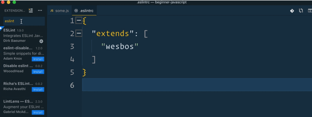 eslintrc file in vs code that extends the wesbos config