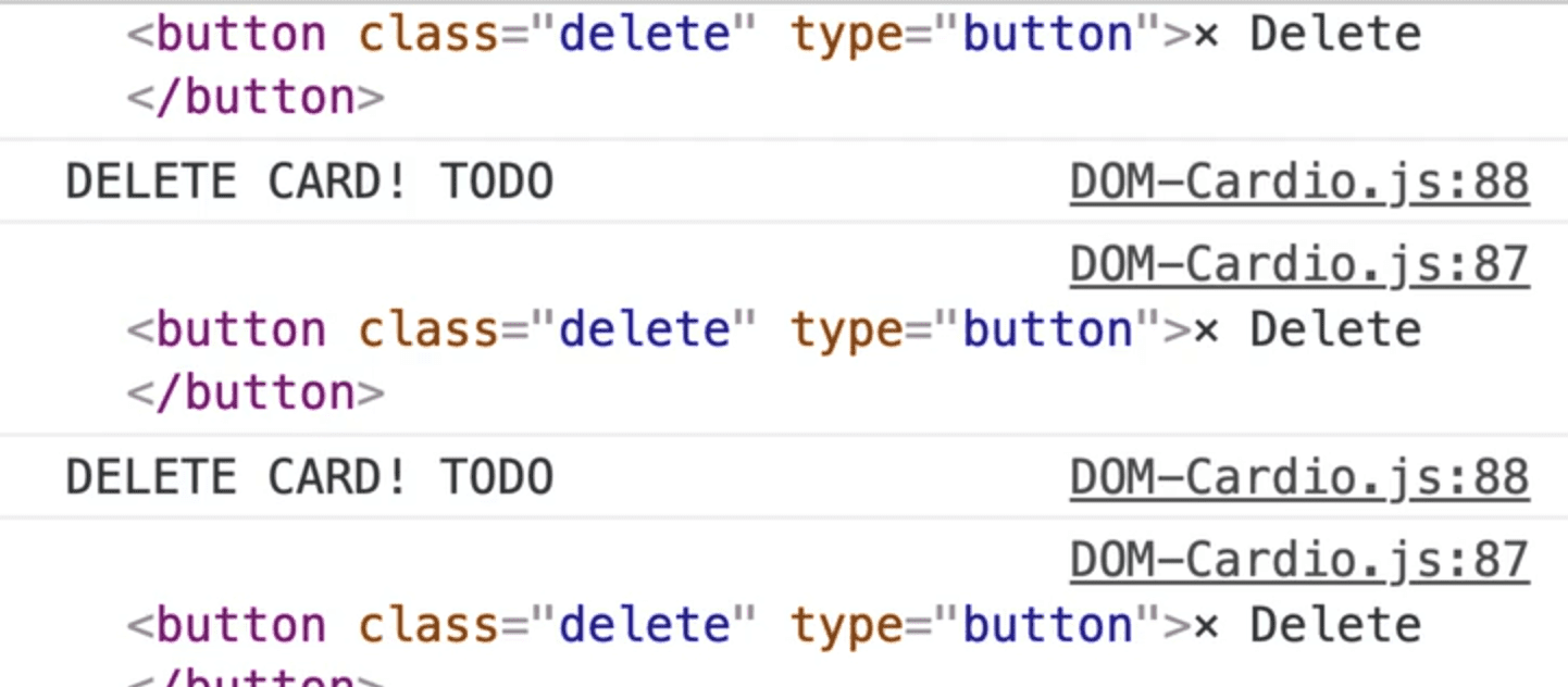 browser console showing logged outputs of the element you are removing and a deleted message