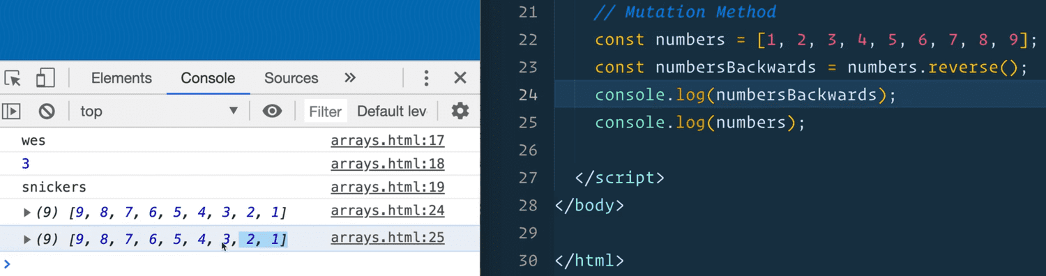 browser console output showing original numbers array is also reversed