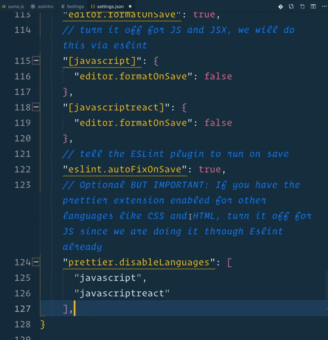 eslint settings in vs code that was copied from the eslint-config-wesbos github repository