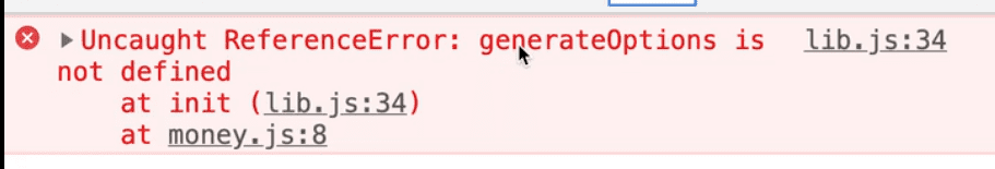 uncaught reference error - generateOptions is not defined