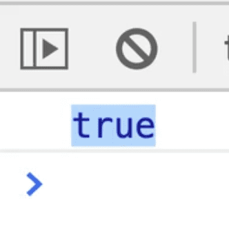 browser console showing boolean output, true