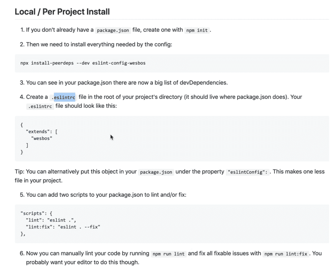 the eslint-config-wesbos repo showing the per project installation guide
