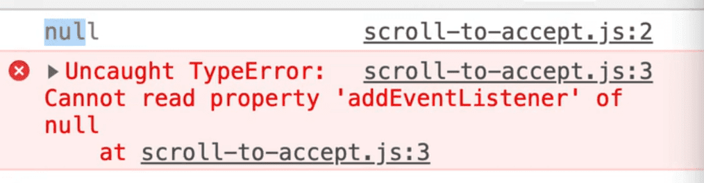 console showing an Uncaught TypeError: Cannot read property 'addEventListener' of null