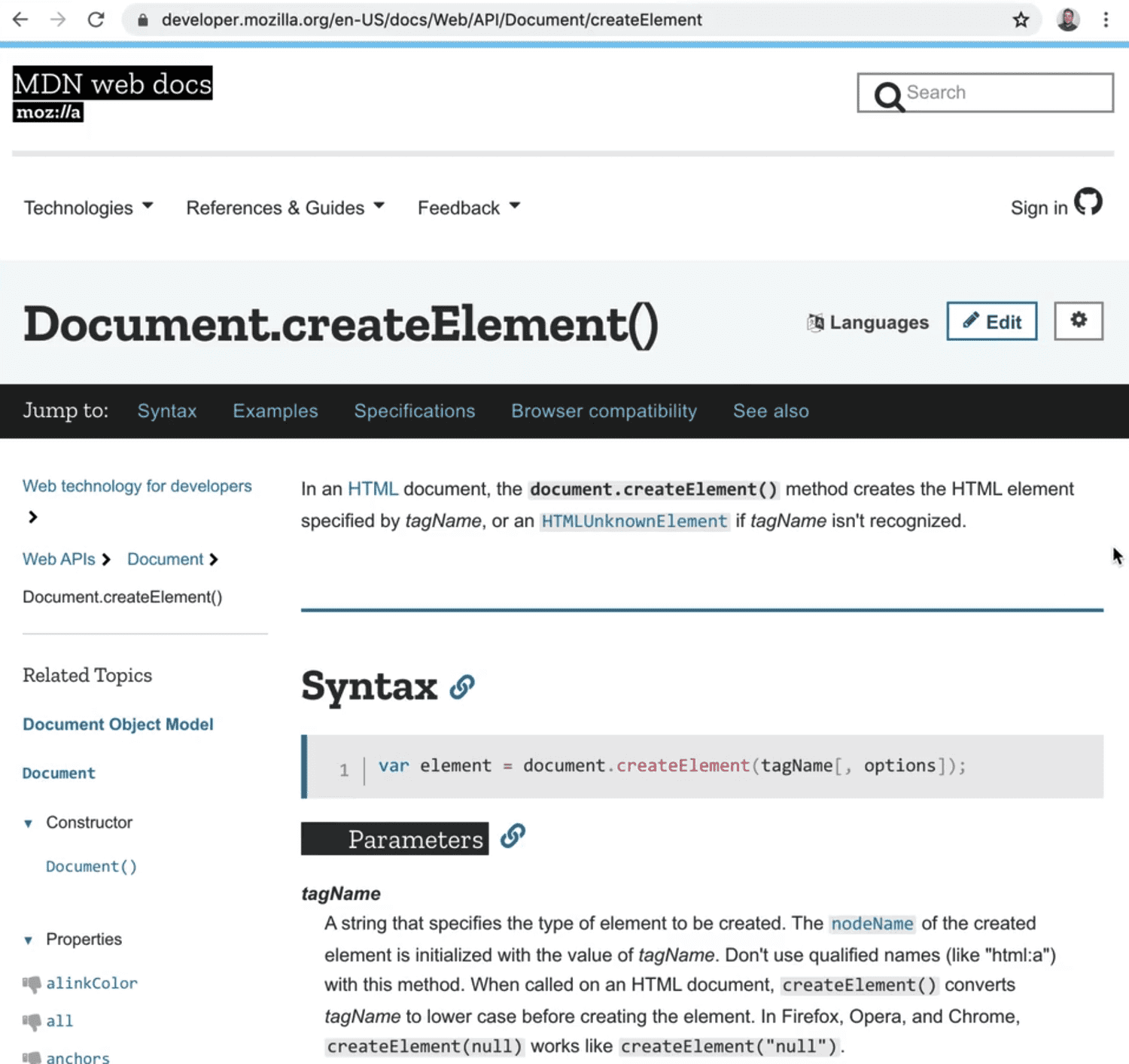 the document.createElement MDN web docs page