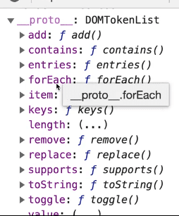 broswer console showing the prototype methods for classList output focused on the forEach method