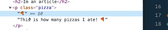 html output of the pizza emoji being added into the p element just before its first child 