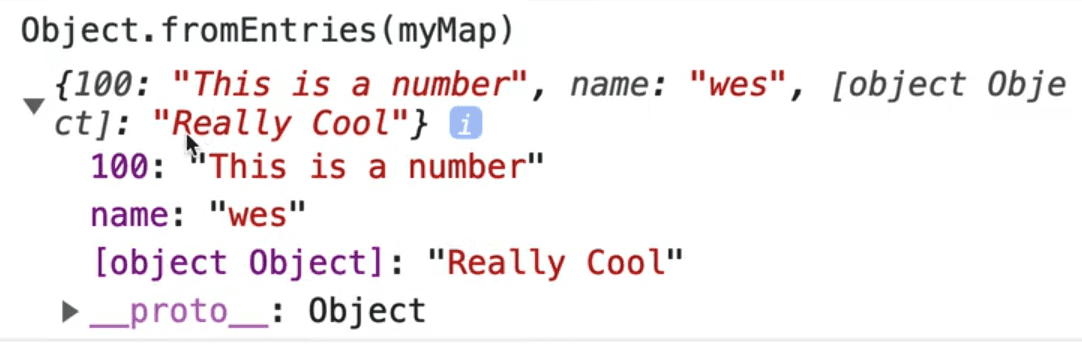 browser console output of myMap using .fromEntries() method
