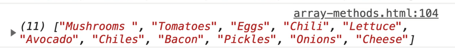 browser console showing toppingsCopy array