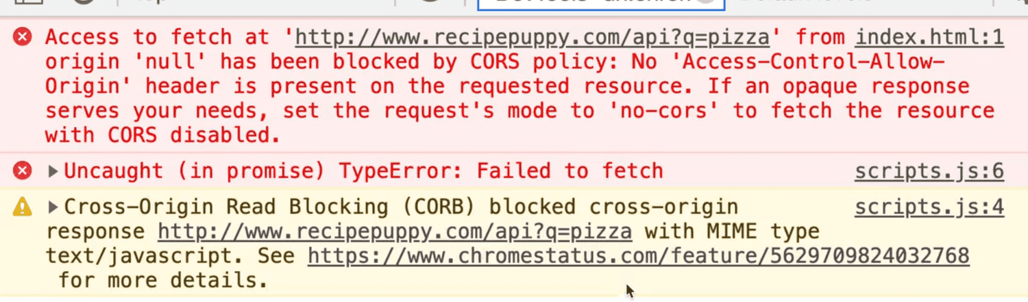 browser console showing CORS Policy error