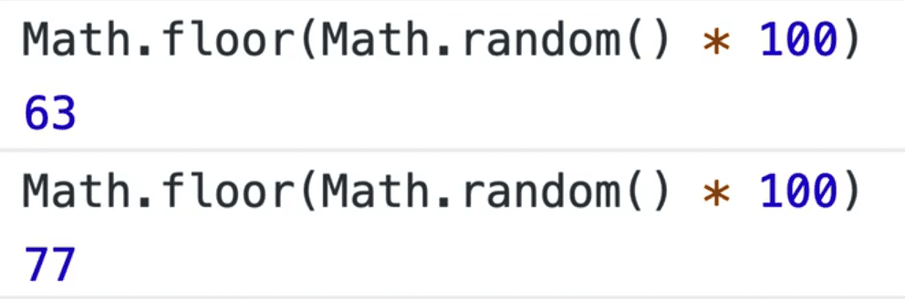 console showing Math.floor(Math.random() * 100)) output