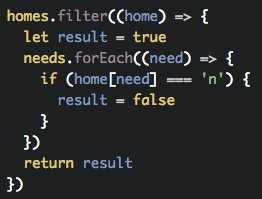 🔥 JavaScript Coding Challenge!

Filter this list of homes for the ones that match the list of needs.
