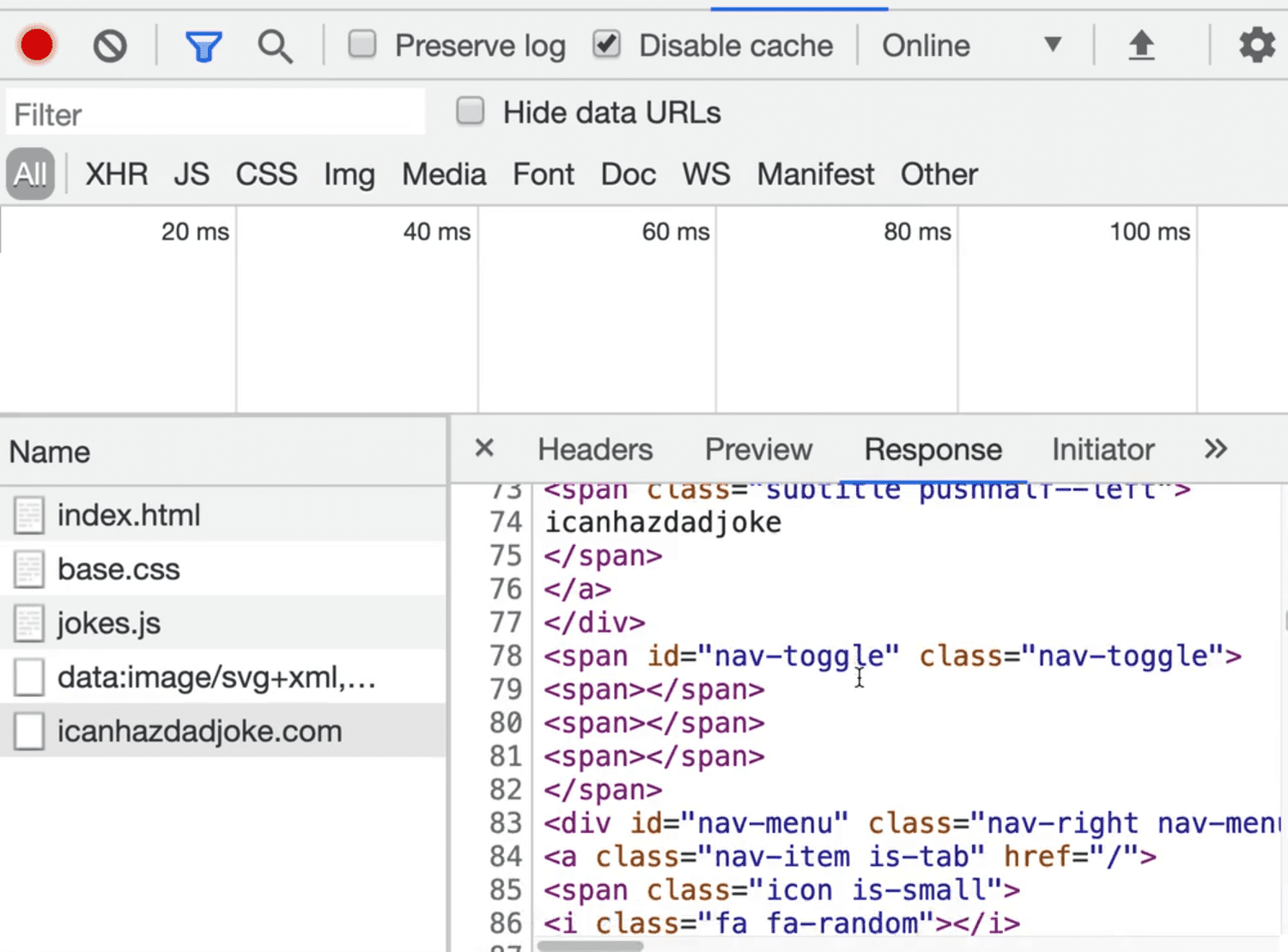 browser network tab showing api html in the response