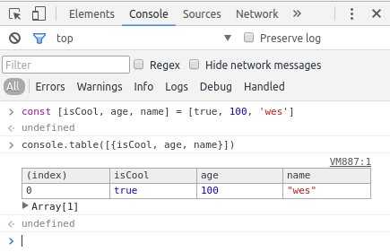 🔥 Wrap curly brackets around your console.log arguments to see the variable name when logged. This takes advantage of ES6 shorthand syntax
