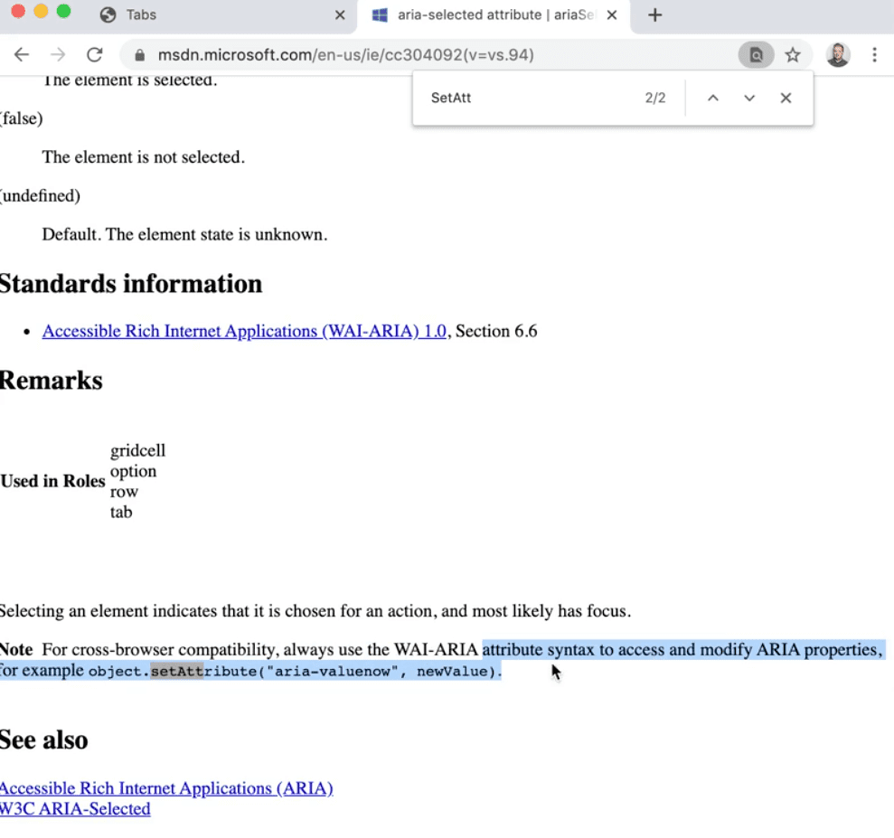 browser showing msdn.microsoft.com docs for aria properties