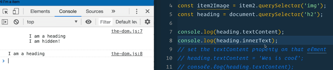 outputs in the browser console when using textContent and innerText on elements