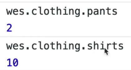 browser console output showing multi-nested attribute lookup for wes.clothing
