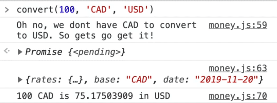 browser console showing successful conversion from CAD to USD