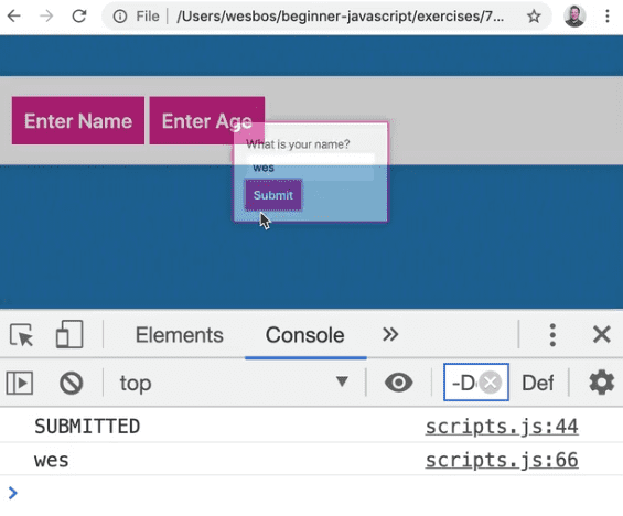 button submitted click resulting in logging the typed value in console