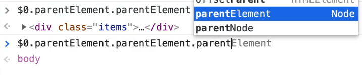 browser console as user is typing a chained call .parentElement