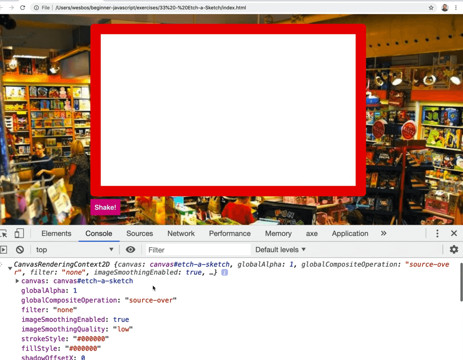 console showing CanvasRenderingContext2D object