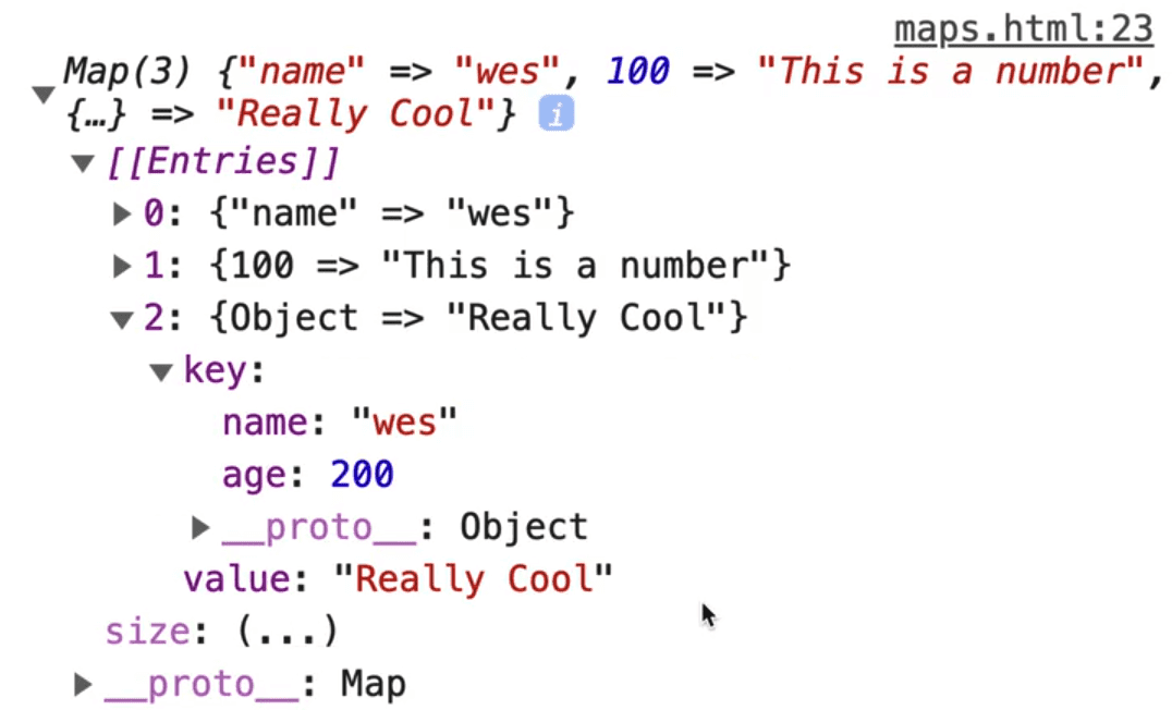browser console output showing person1 object added as new myMap entry