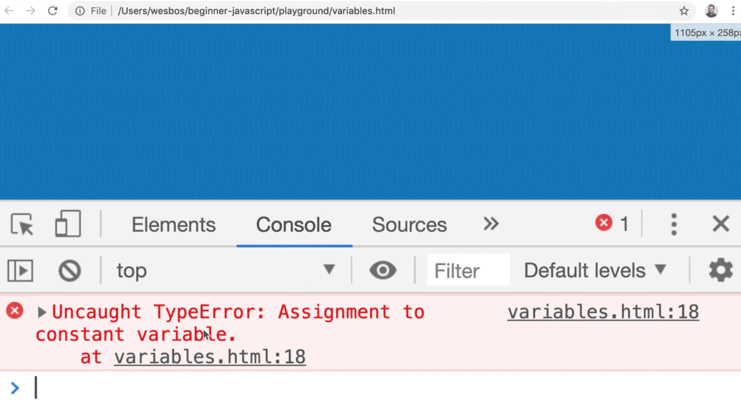 browser console showing an error after trying to update a const variable