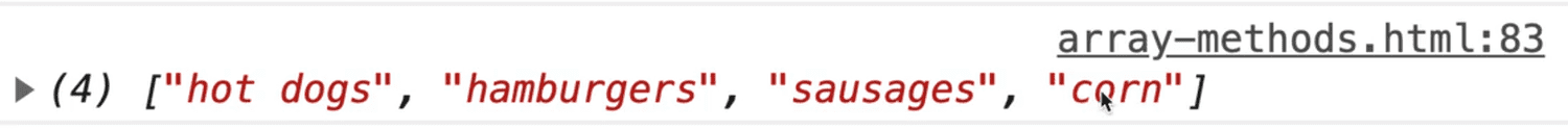 browser console showing foodString with .split() method with comma delimeter passed as parameter