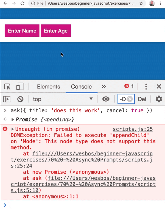 Uncaught (in promise) DOMException: Failed to execute 'appendChild' on 'Node'