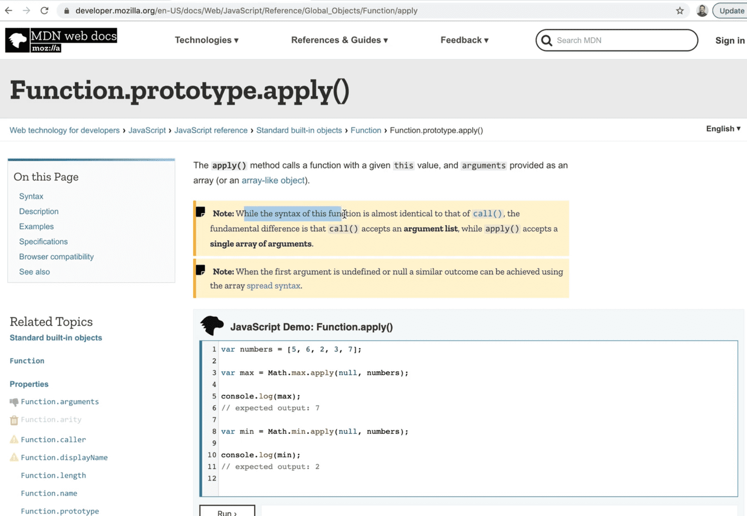 apply method documentation in mozilla developers docs