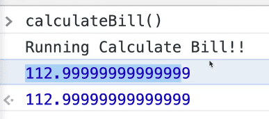 returning total variable from calculateBill function prints the returned value 