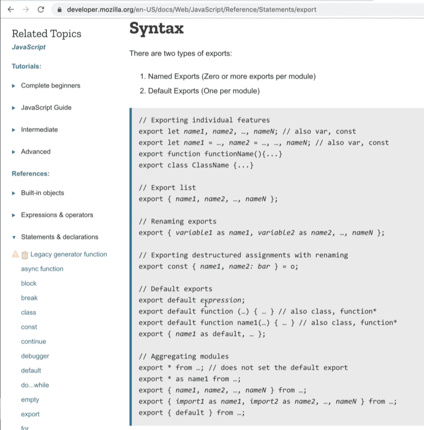 mdn documentation about exporting module