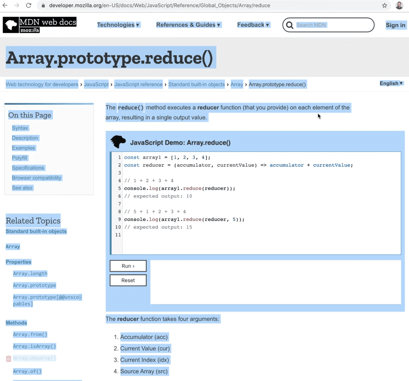 mozilla developer docs for the array reduce