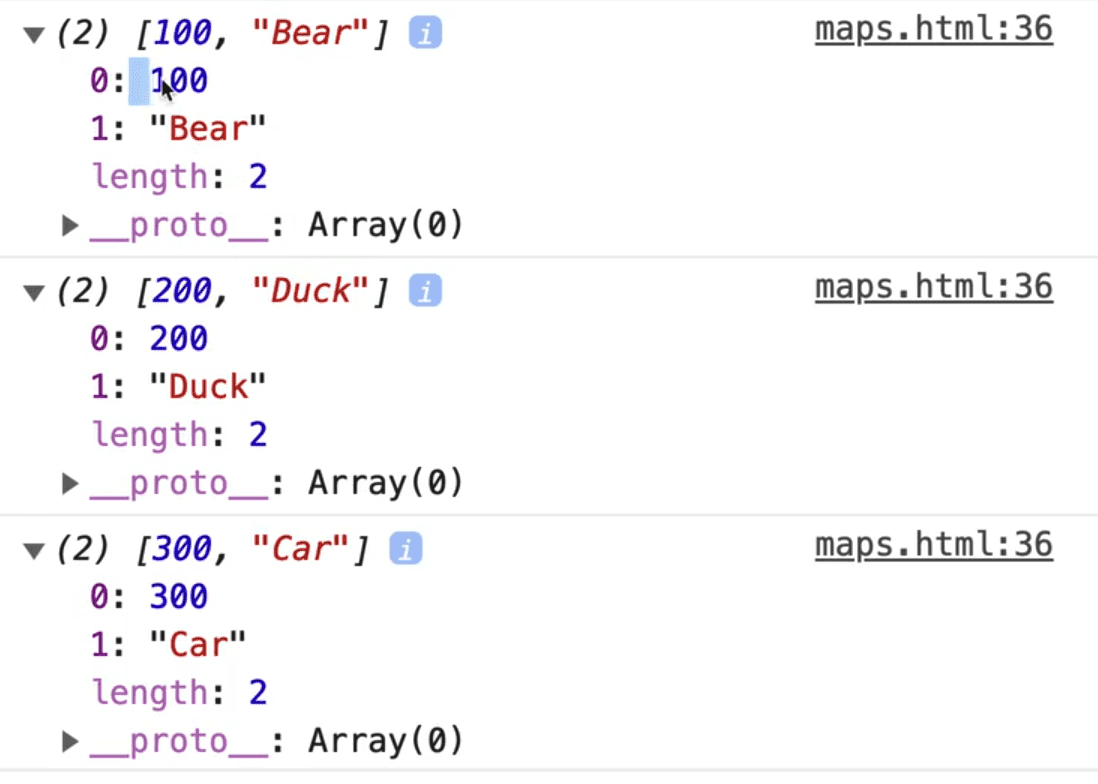 browser console output showing prizes Map instace iterated through using for of method