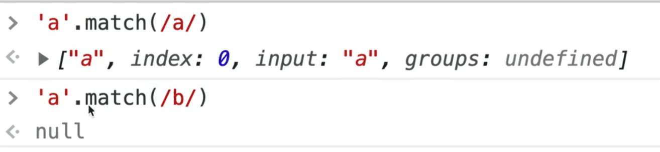 result of match method applied on string 'a' with /a/ regex