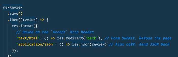 🔥 Express' res.format() is a nice way to handle both HTML form submits and JSON API requests in a single request
